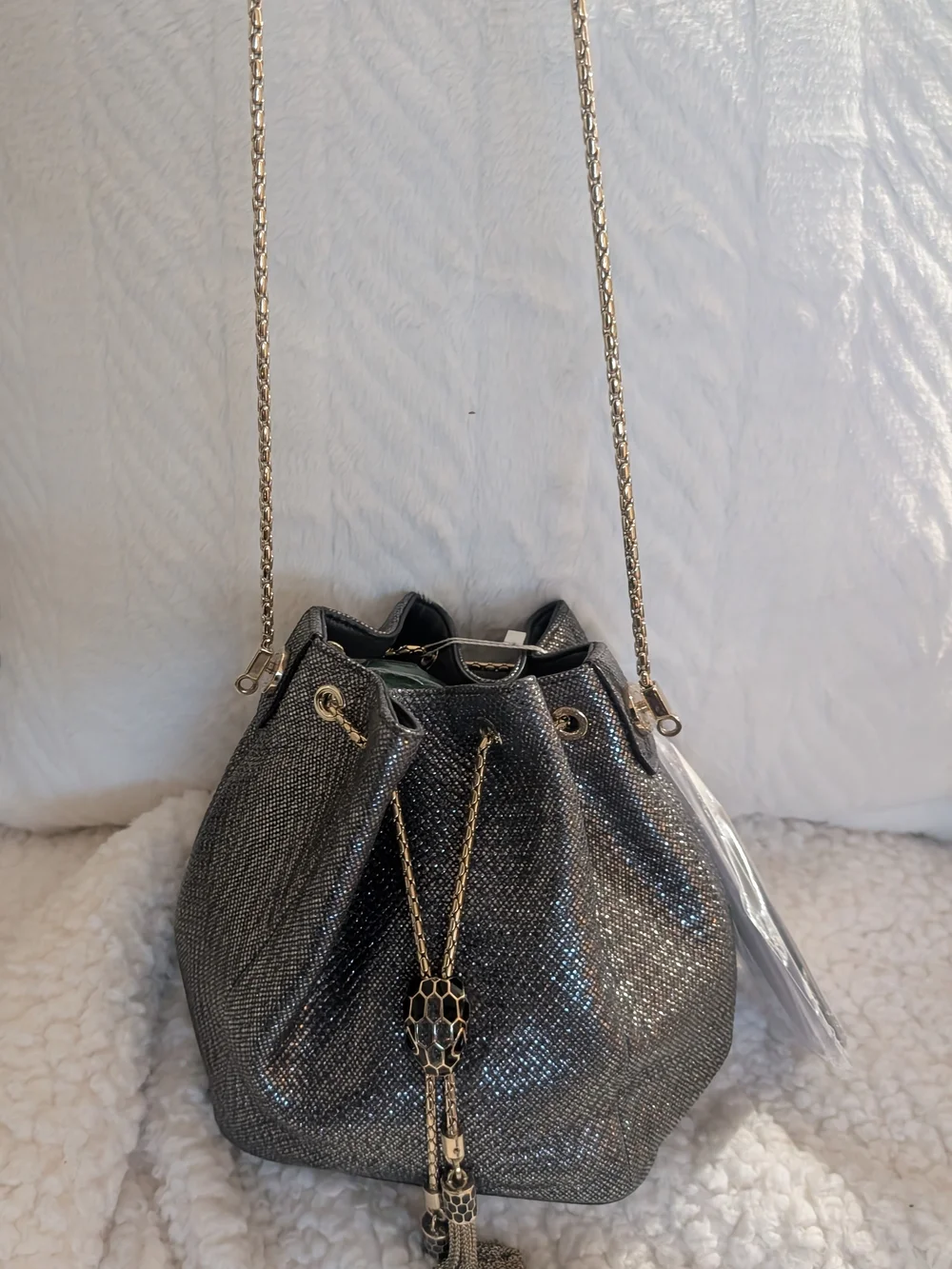 Bvlgari Silver Bucket Drawstring Bag Gold Chain Strap Tassel Accent Designer